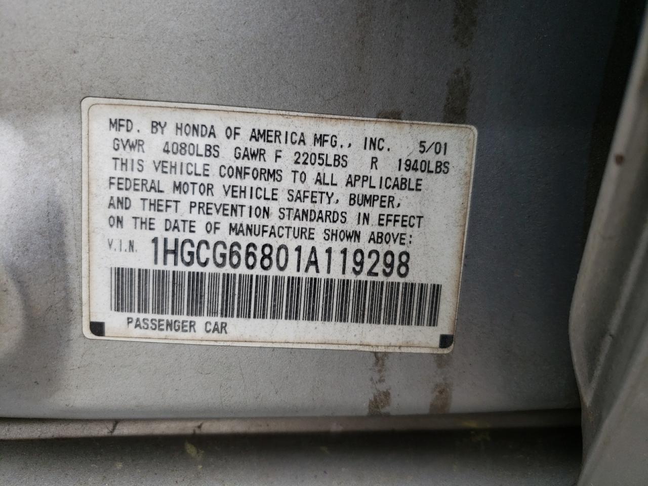 1HGCG66801A119298 2001 Honda Accord Ex