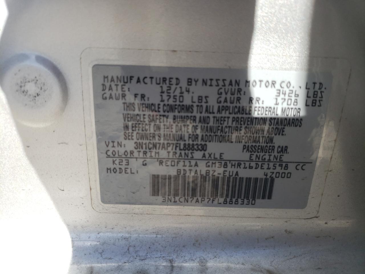 3N1CN7AP7FL888330 2015 Nissan Versa S