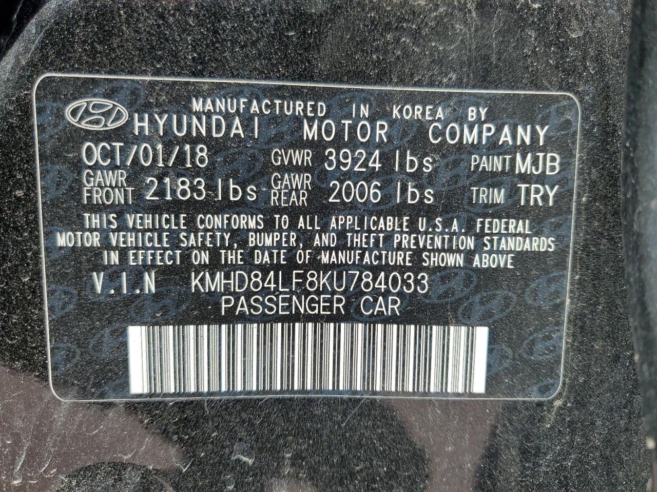 KMHD84LF8KU784033 2019 Hyundai Elantra Sel