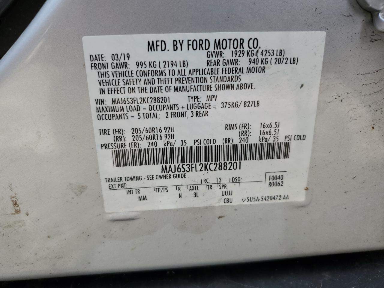 MAJ6S3FL2KC288201 2019 Ford Ecosport S