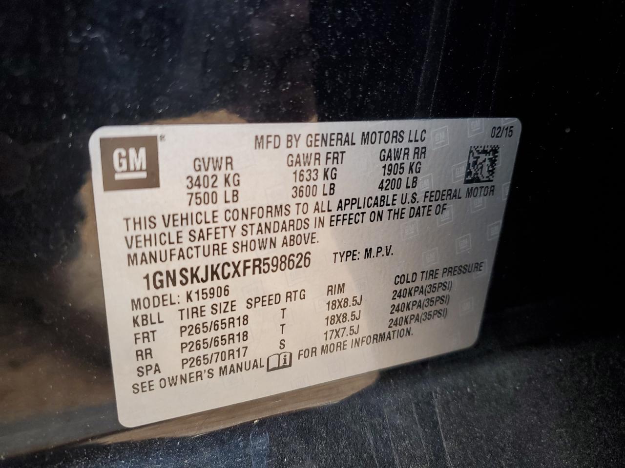 1GNSKJKCXFR598626 2015 Chevrolet Suburban K1500 Lt