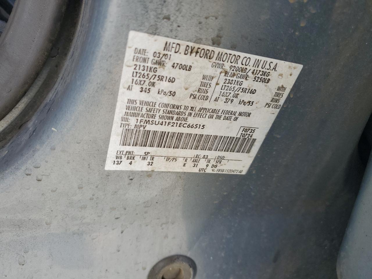 1FMSU41F21EC66515 2001 Ford Excursion Xlt