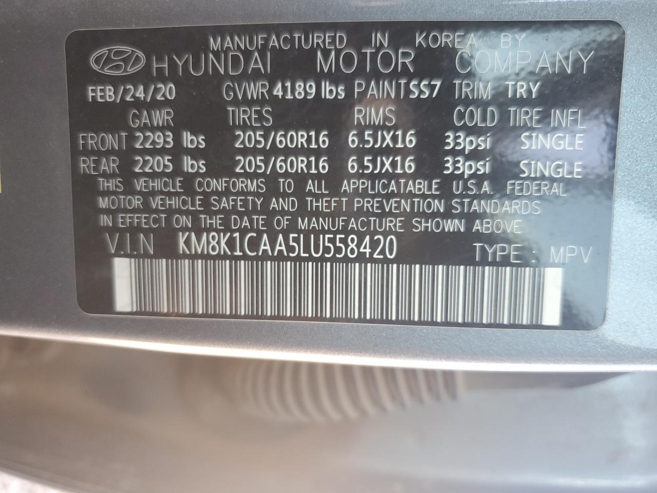 KM8K1CAA5LU558420 2020 Hyundai Kona Se