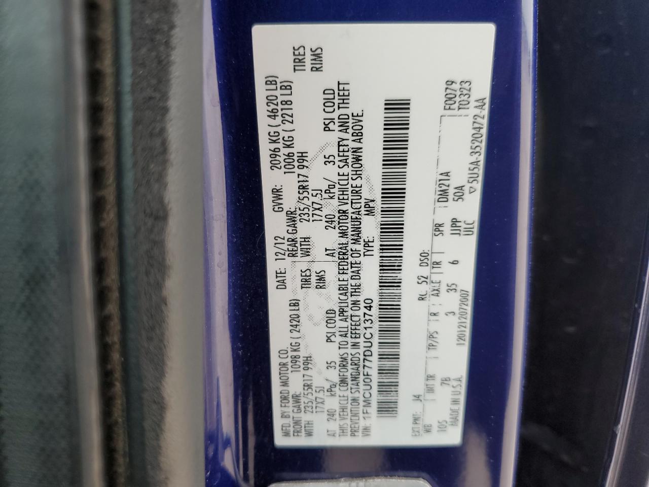 1FMCU0F77DUC13740 2013 Ford Escape S