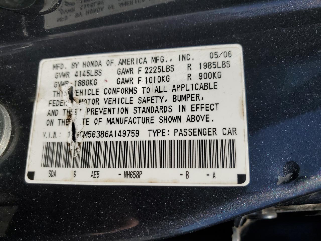 1HGCM56386A149759 2006 Honda Accord Se