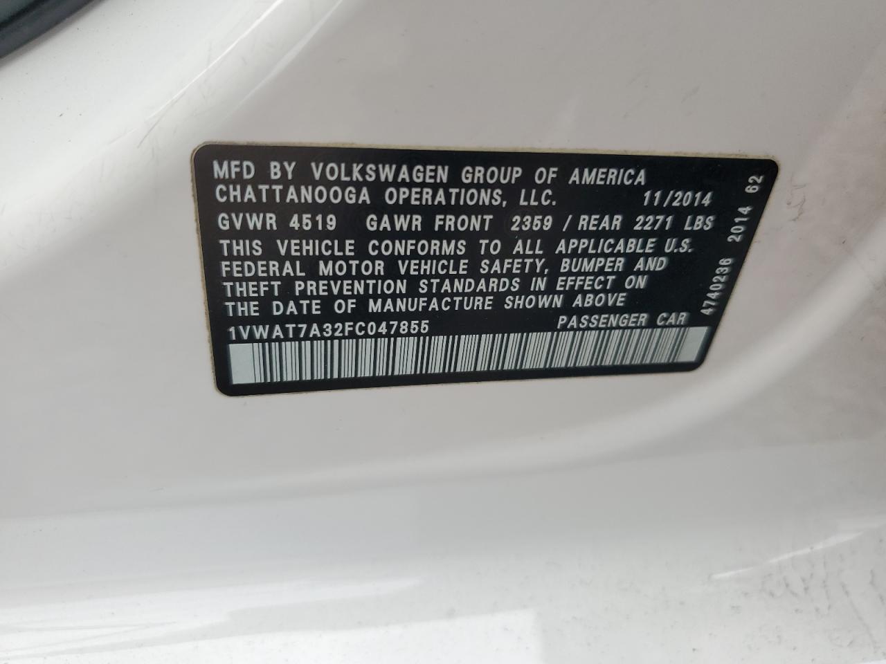 1VWAT7A32FC047855 2015 Volkswagen Passat S