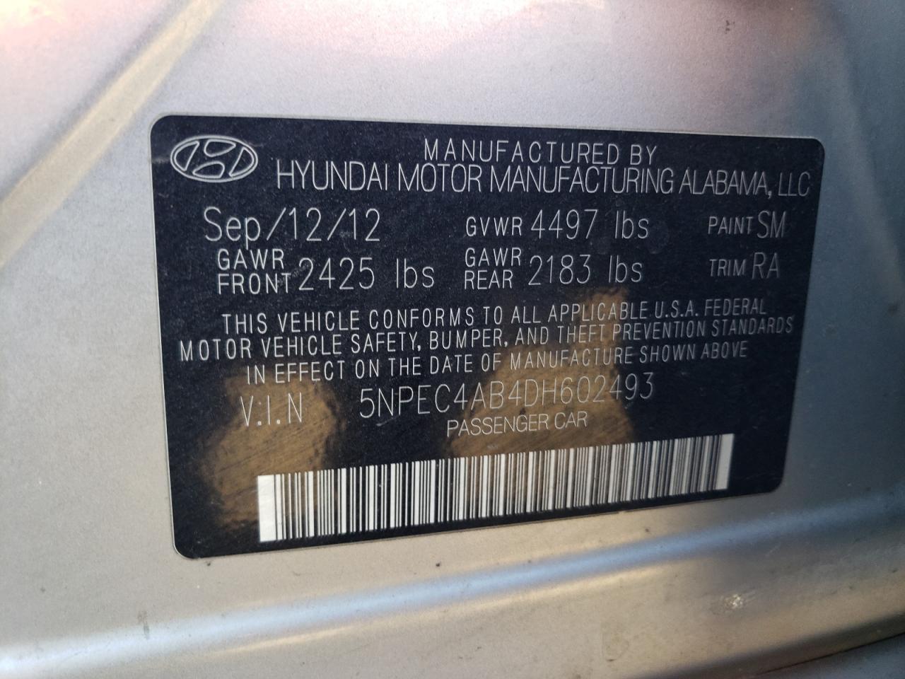 5NPEC4AB4DH602493 2013 Hyundai Sonata Se