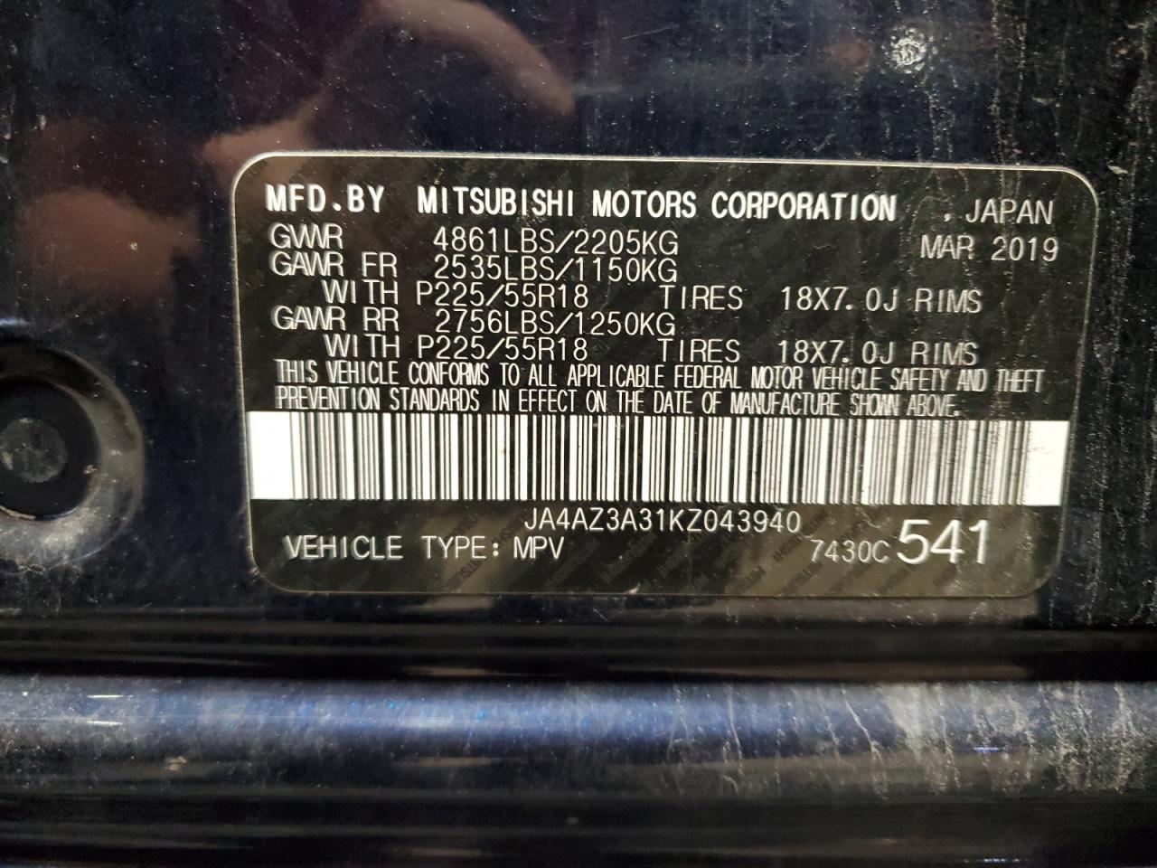 JA4AZ3A31KZ043940 2019 Mitsubishi Outlander Se