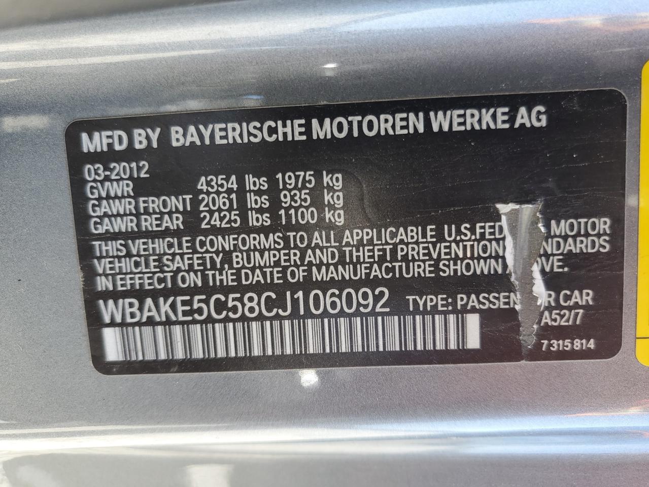 WBAKE5C58CJ106092 2012 BMW 328 I Sulev