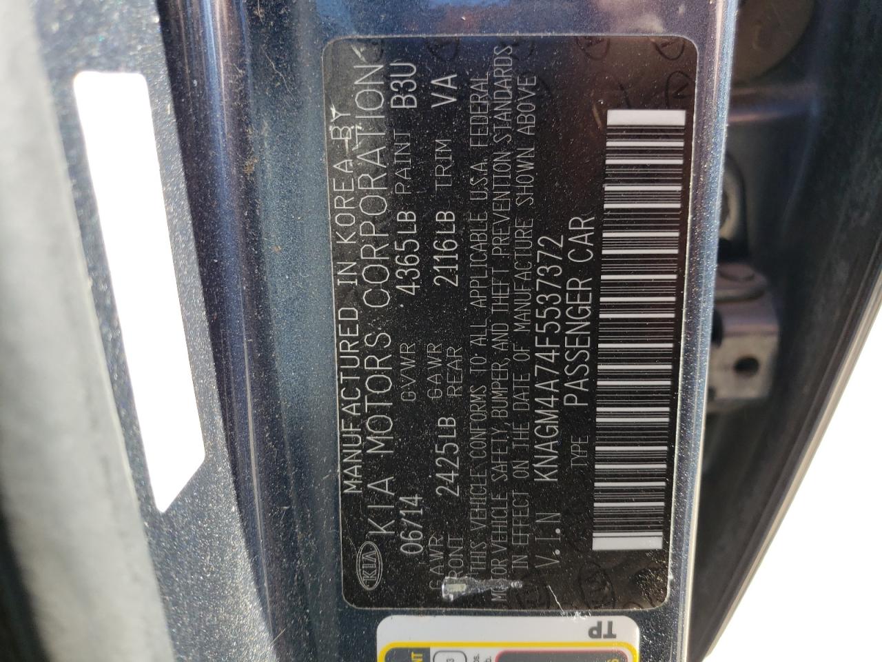 KNAGM4A74F5537372 2015 Kia Optima Lx