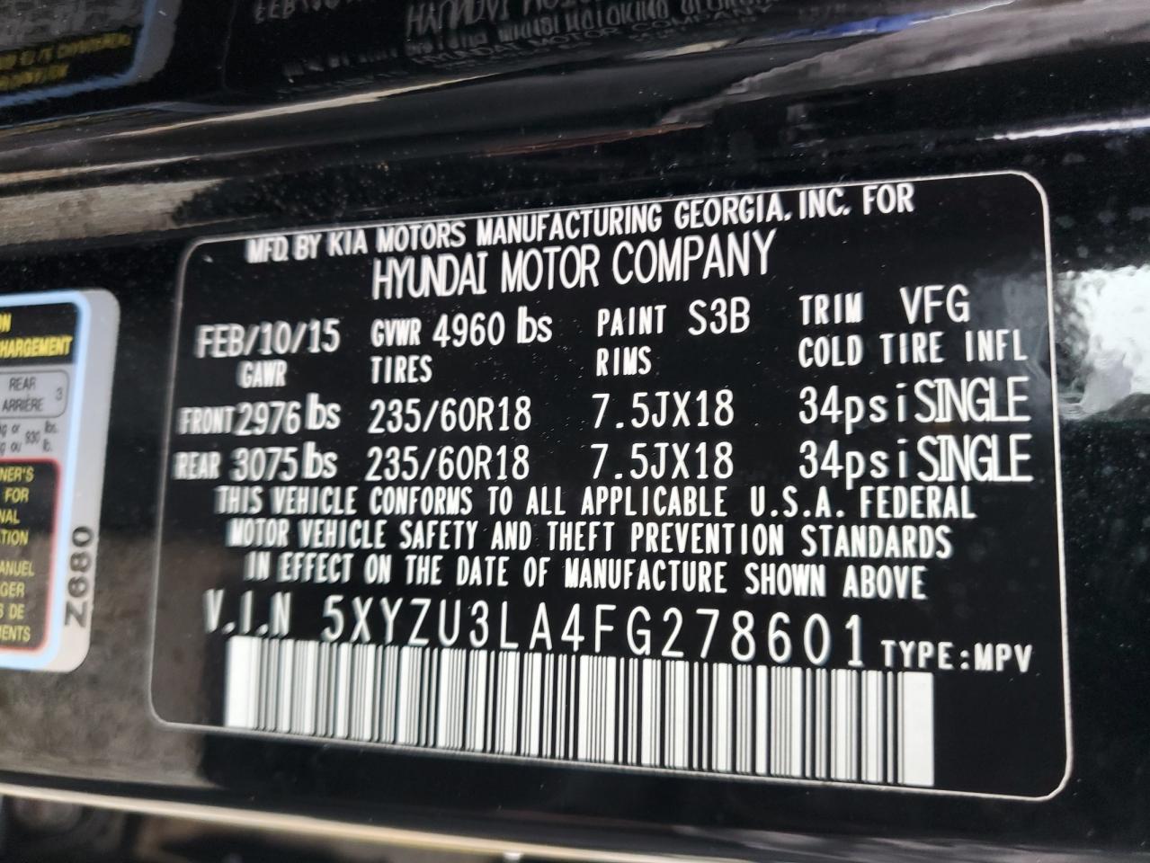 5XYZU3LA4FG278601 2015 Hyundai Santa Fe Sport