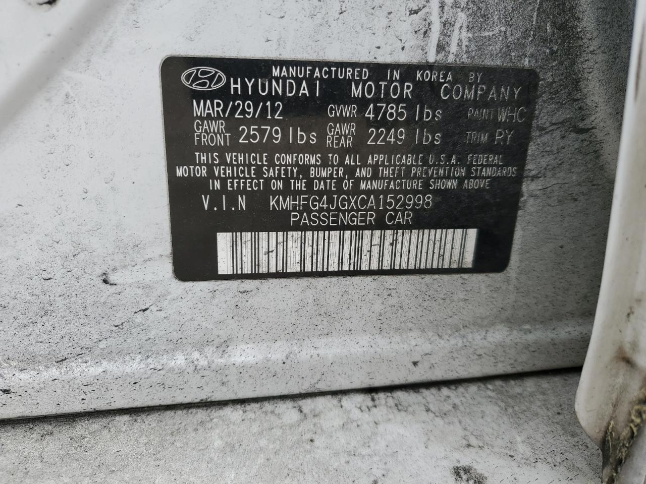 KMHFG4JGXCA152998 2012 Hyundai Azera Gls