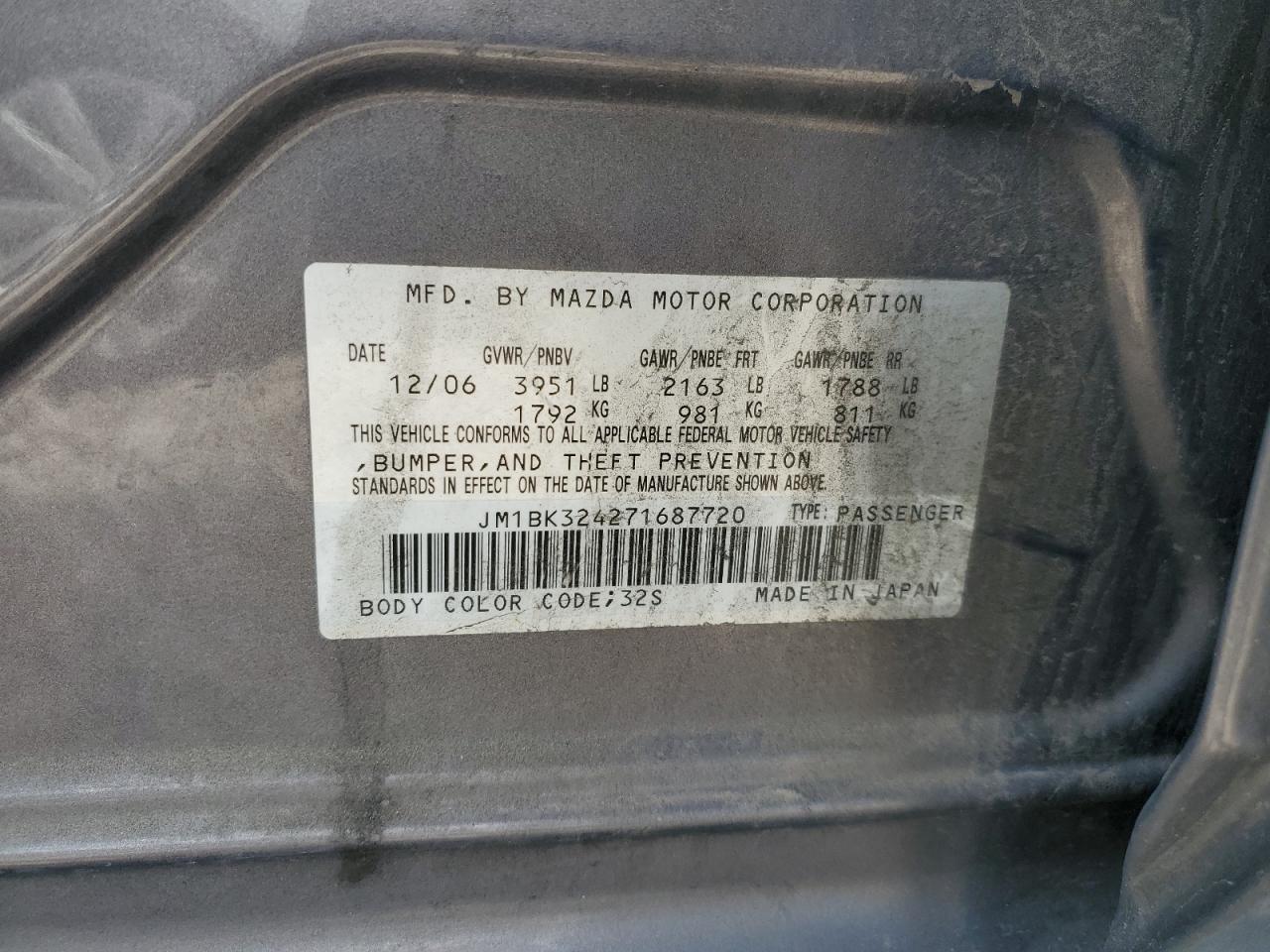 JM1BK324271687720 2007 Mazda 3 S