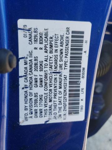 VIN 2HGFC2F62KH531547 2019 Honda Civic, LX no.12