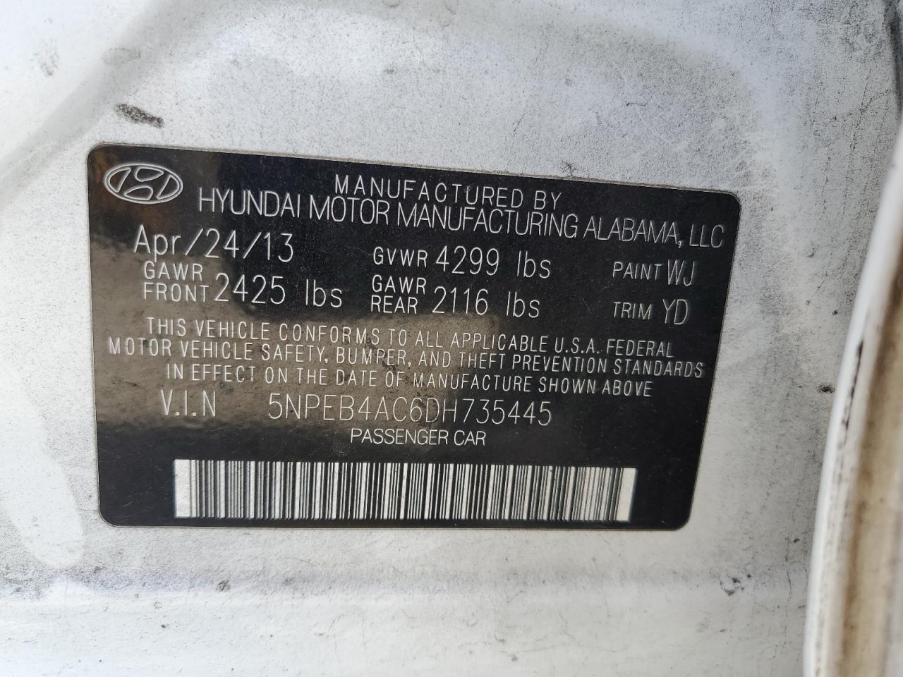 5NPEB4AC6DH735445 2013 Hyundai Sonata Gls