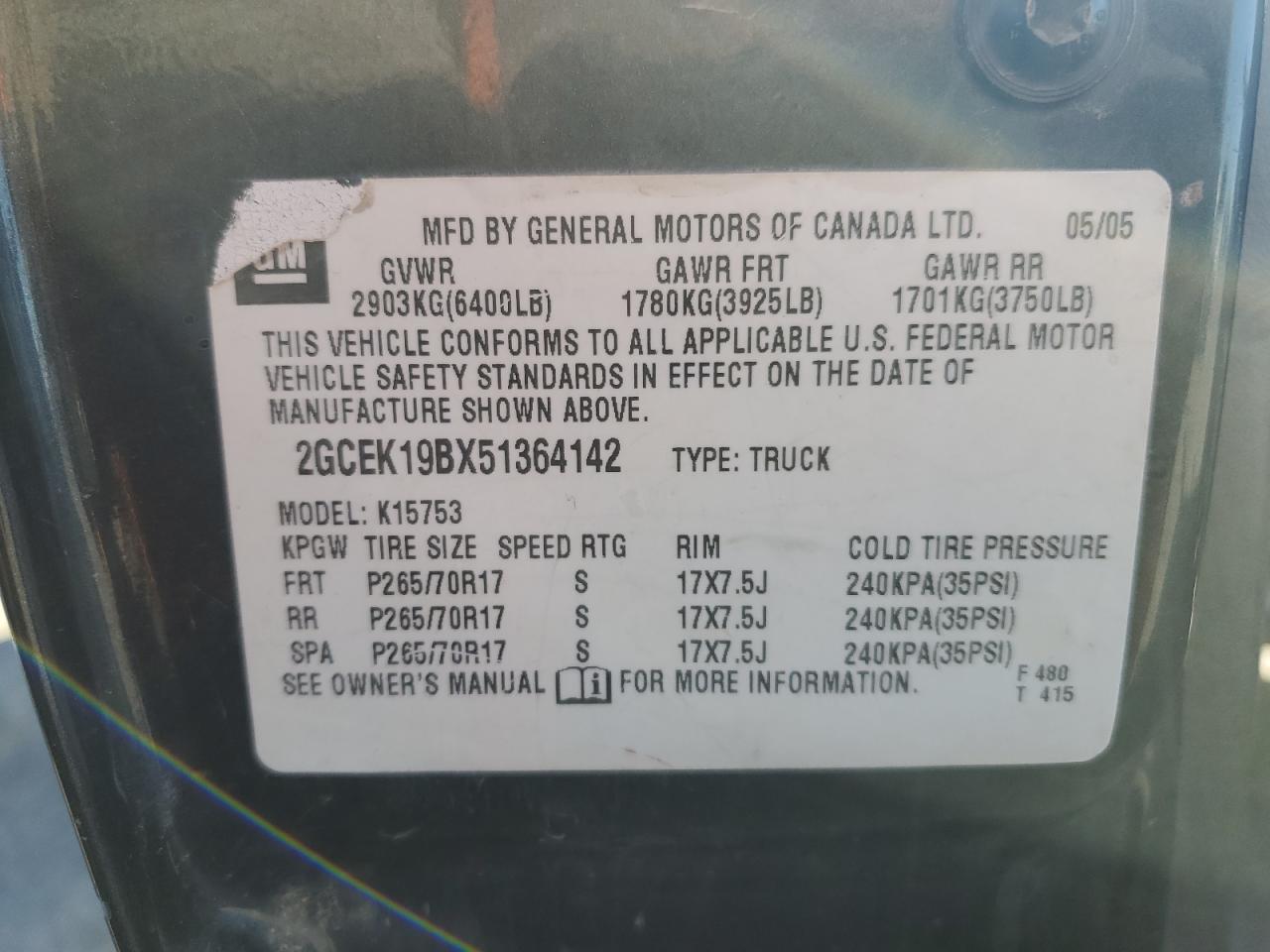 2GCEK19BX51364142 2005 Chevrolet Silverado K1500