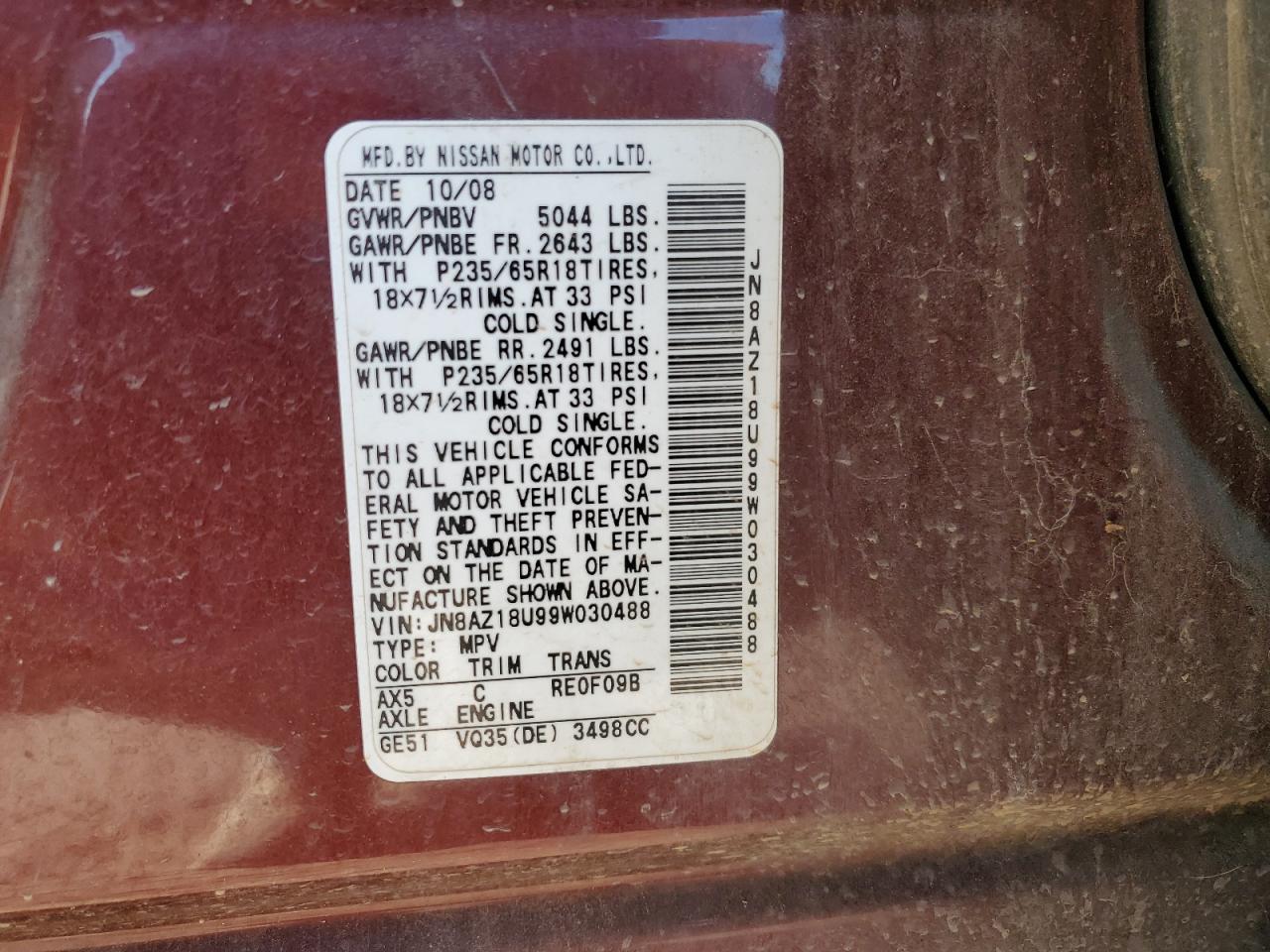 JN8AZ18U99W030488 2009 Nissan Murano S