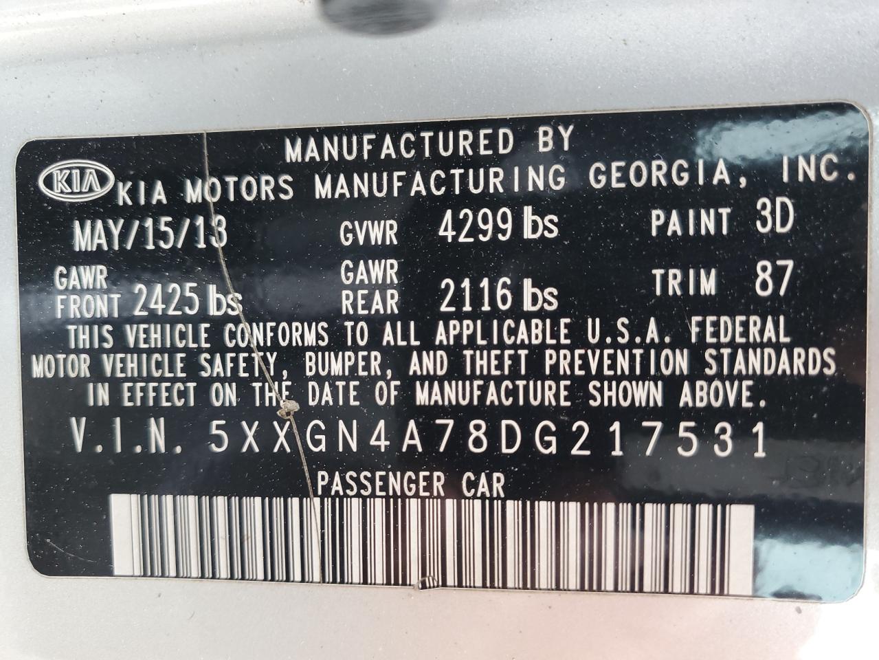 5XXGN4A78DG217531 2013 Kia Optima Ex