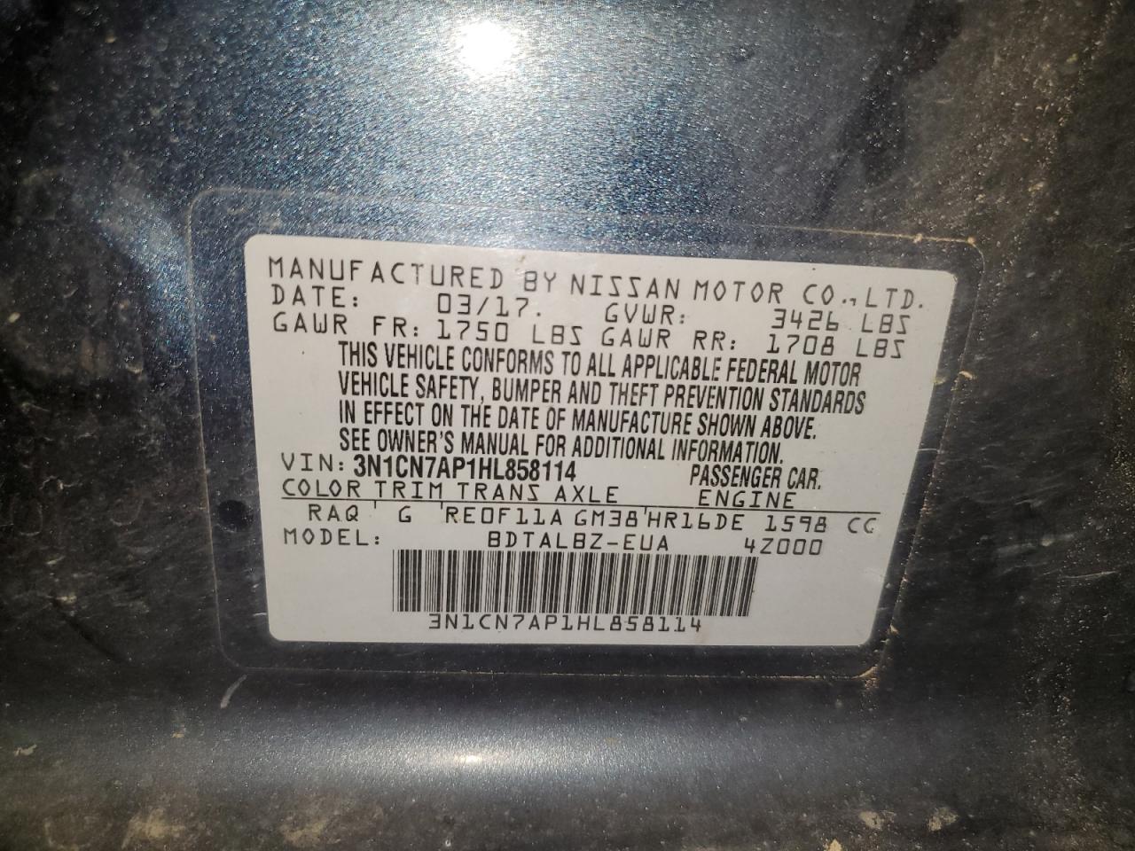 3N1CN7AP1HL858114 2017 Nissan Versa S