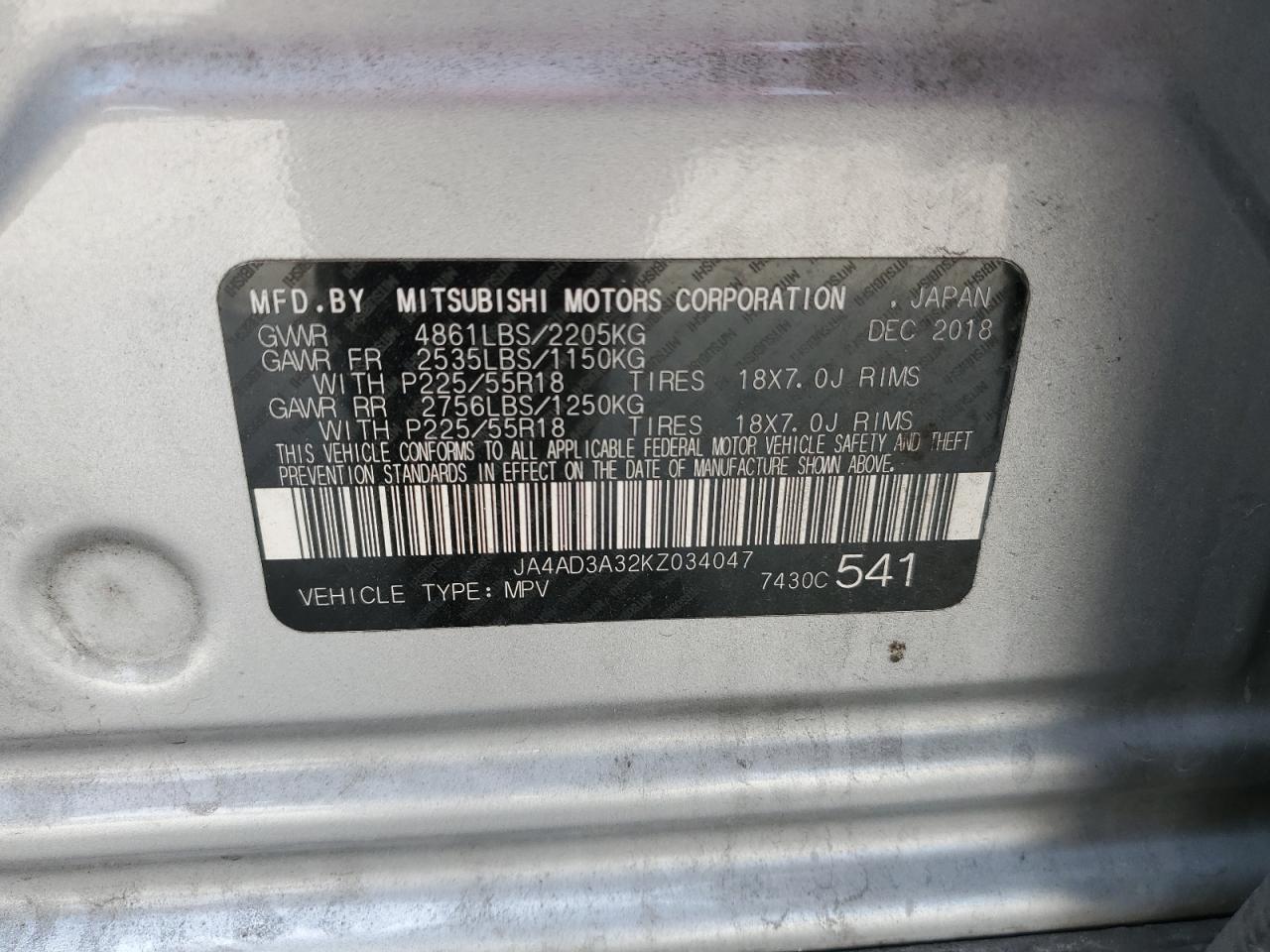 JA4AD3A32KZ034047 2019 Mitsubishi Outlander Se