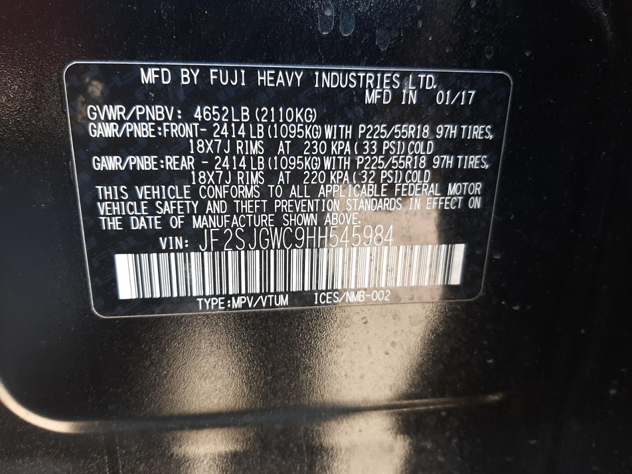 JF2SJGWC9HH545984 2017 Subaru Forester 2.0Xt Touring