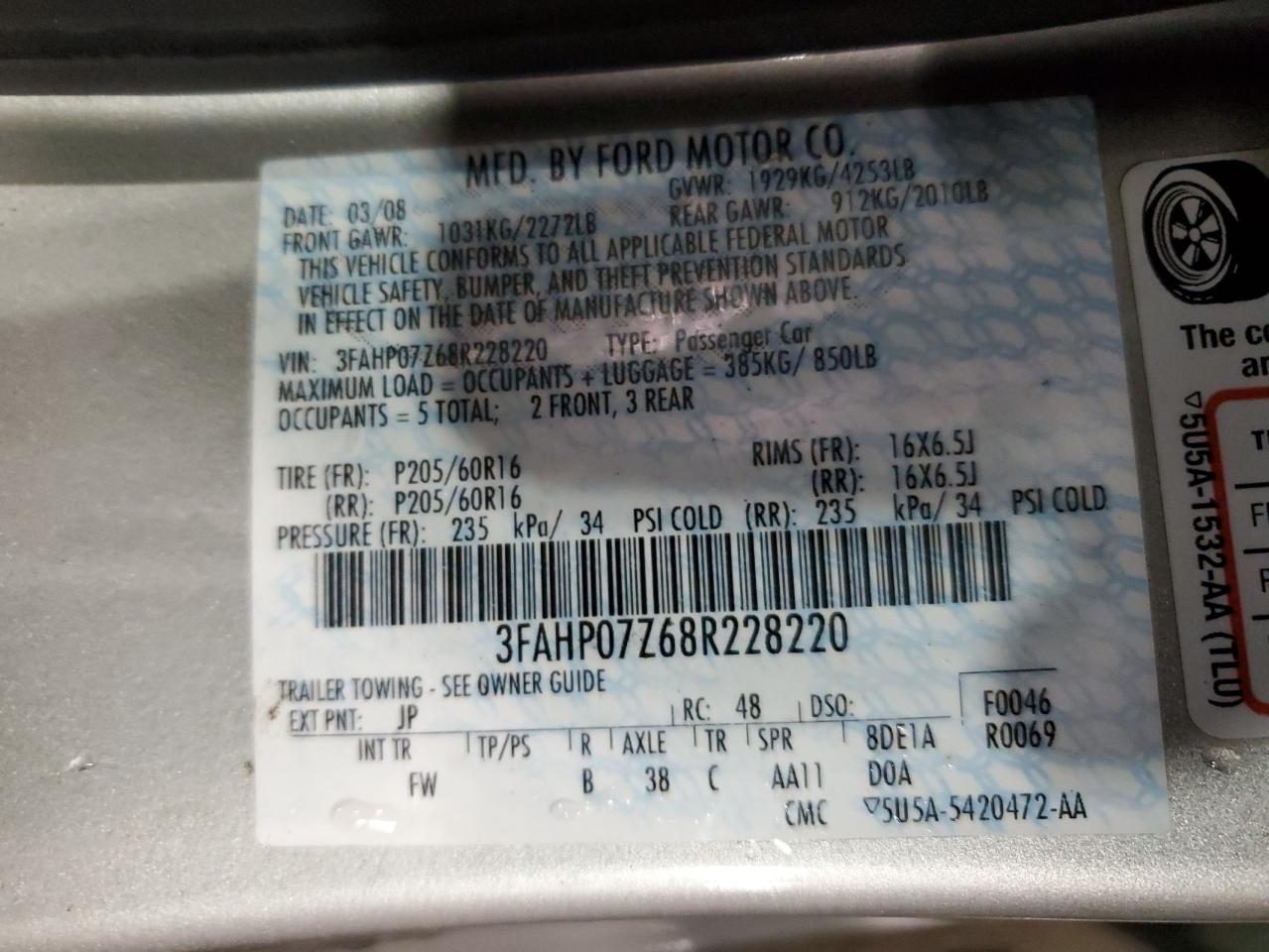 3FAHP07Z68R228220 2008 Ford Fusion Se