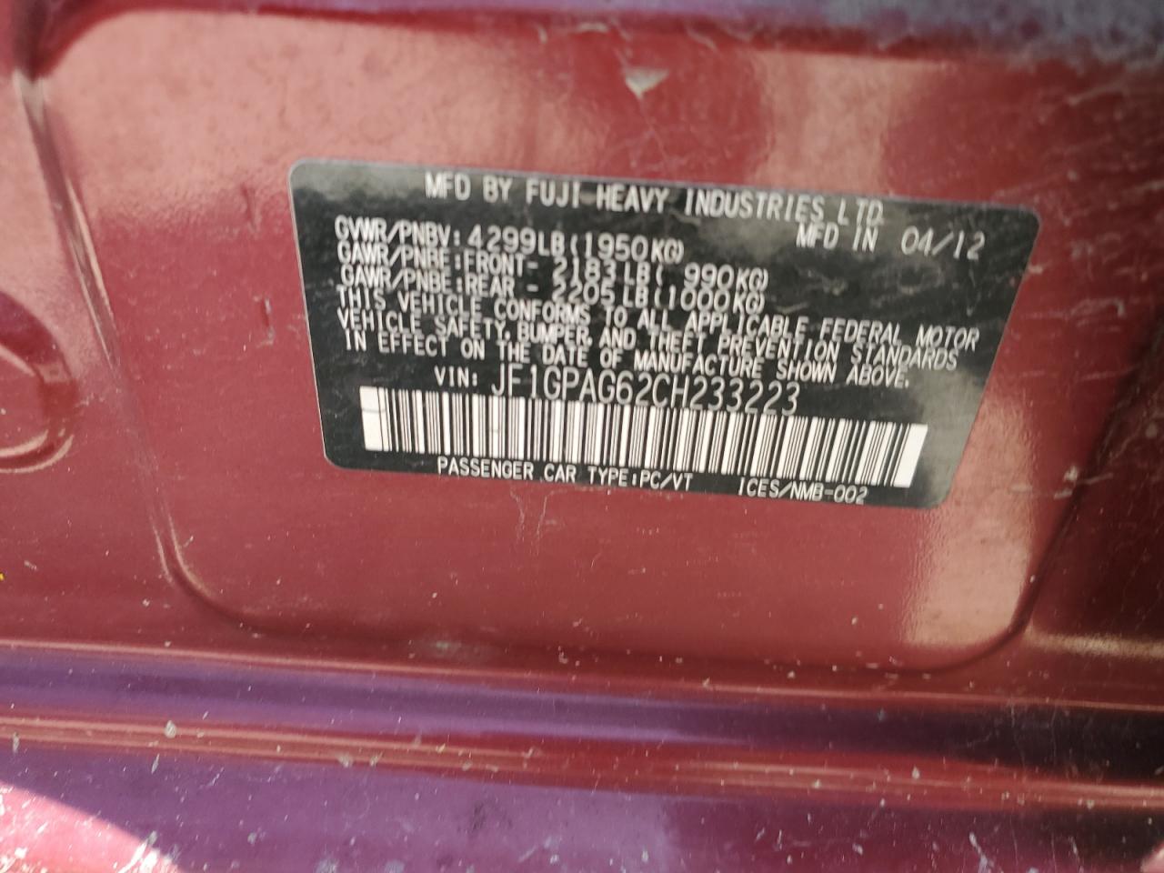 JF1GPAG62CH233223 2012 Subaru Impreza Limited