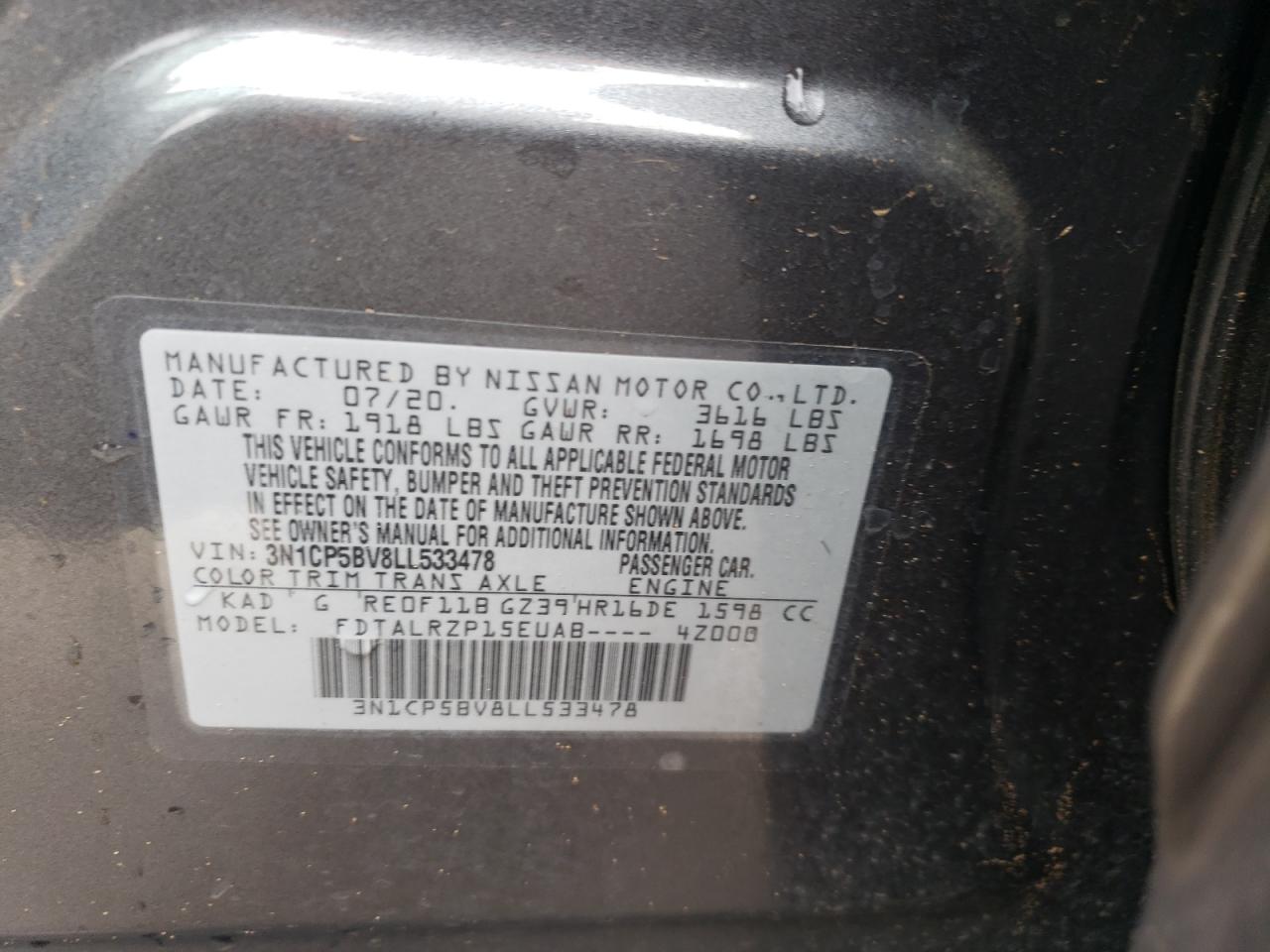 3N1CP5BV8LL533478 2020 Nissan Kicks S