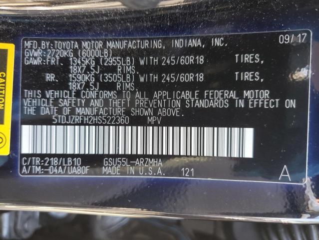 2017 Toyota Highlander Se VIN: 5TDJZRFH2HS522360 Lot: 53094124