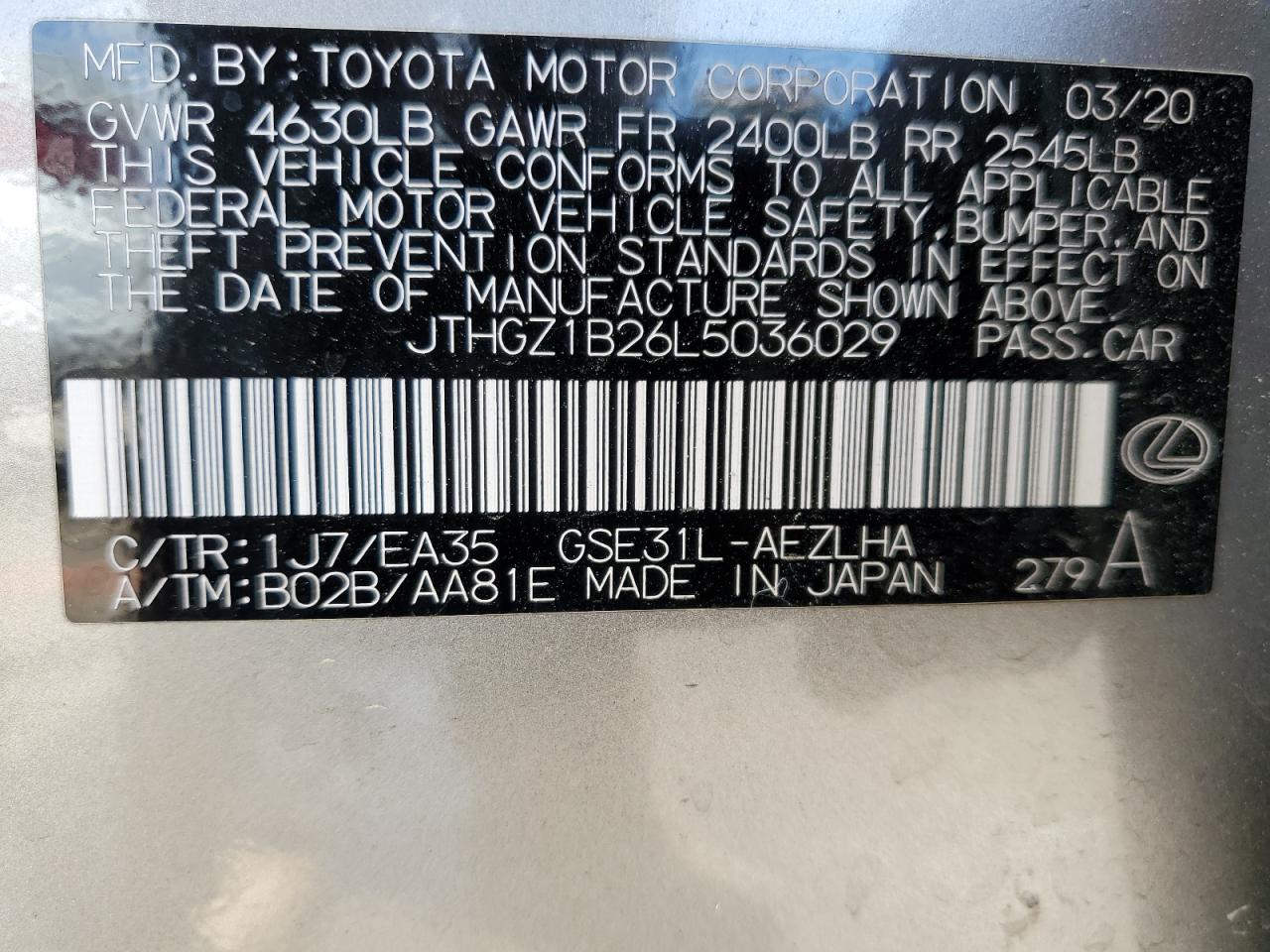 JTHGZ1B26L5036029 2020 Lexus Is 350 F-Sport