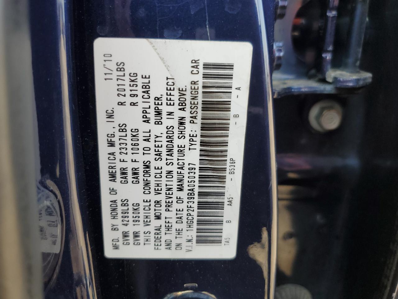 1HGCP2F39BA050397 2011 Honda Accord Lx