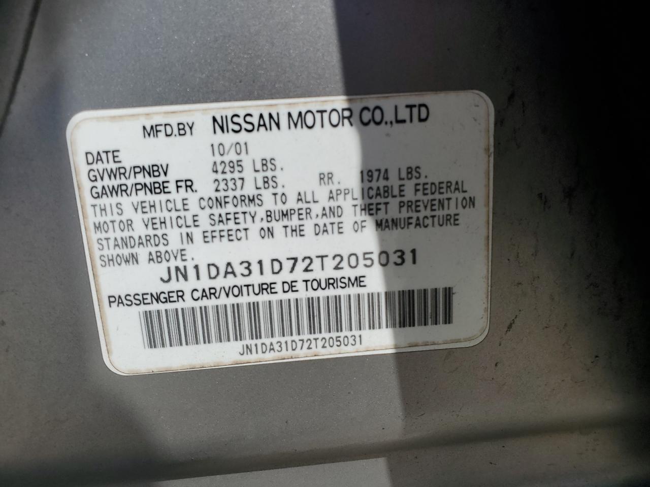 JN1DA31D72T205031 2002 Nissan Maxima Gle