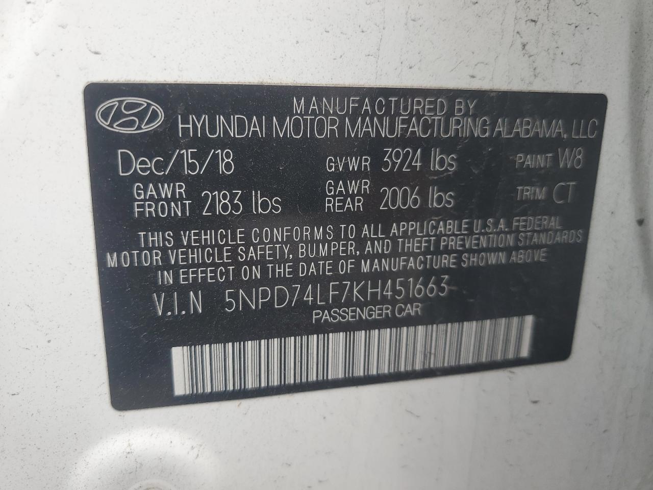 5NPD74LF7KH451663 2019 Hyundai Elantra Se