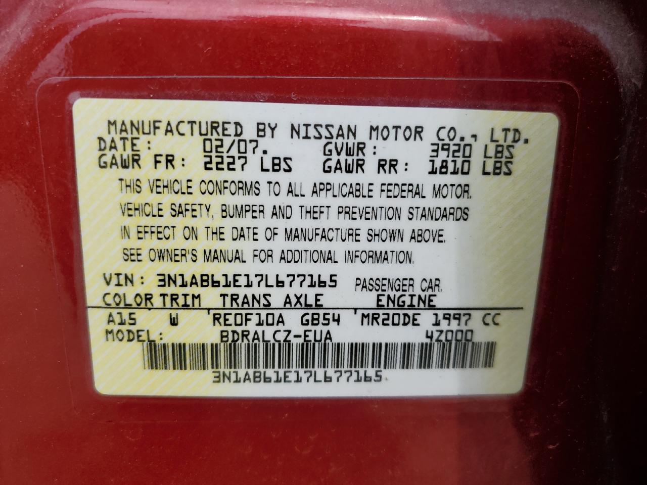 3N1AB61E17L677165 2007 Nissan Sentra 2.0