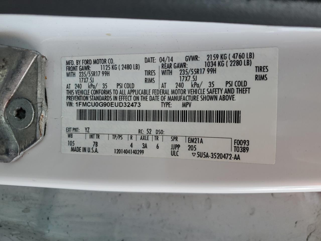 1FMCU0G90EUD32473 2014 Ford Escape Se