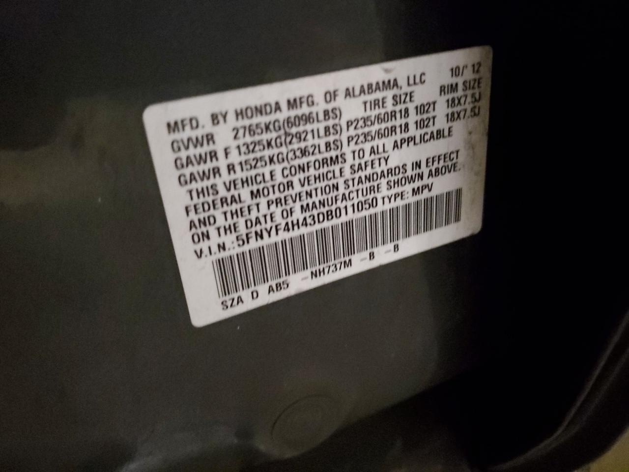 5FNYF4H43DB011050 2013 Honda Pilot Ex