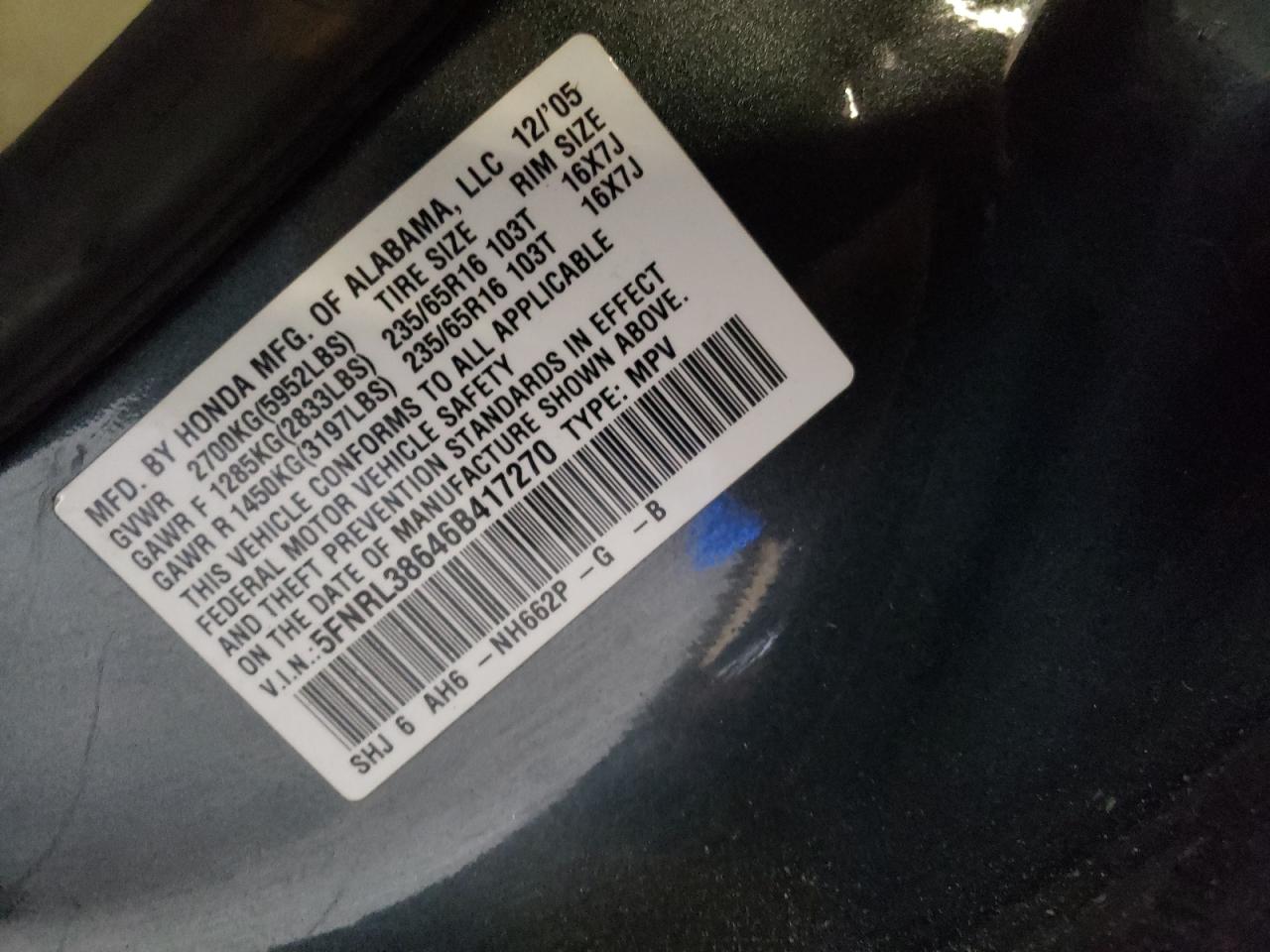 5FNRL38646B417270 2006 Honda Odyssey Exl