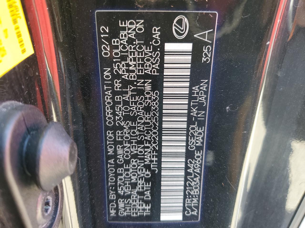 JTHFF2C20C2523835 2012 Lexus Is 250