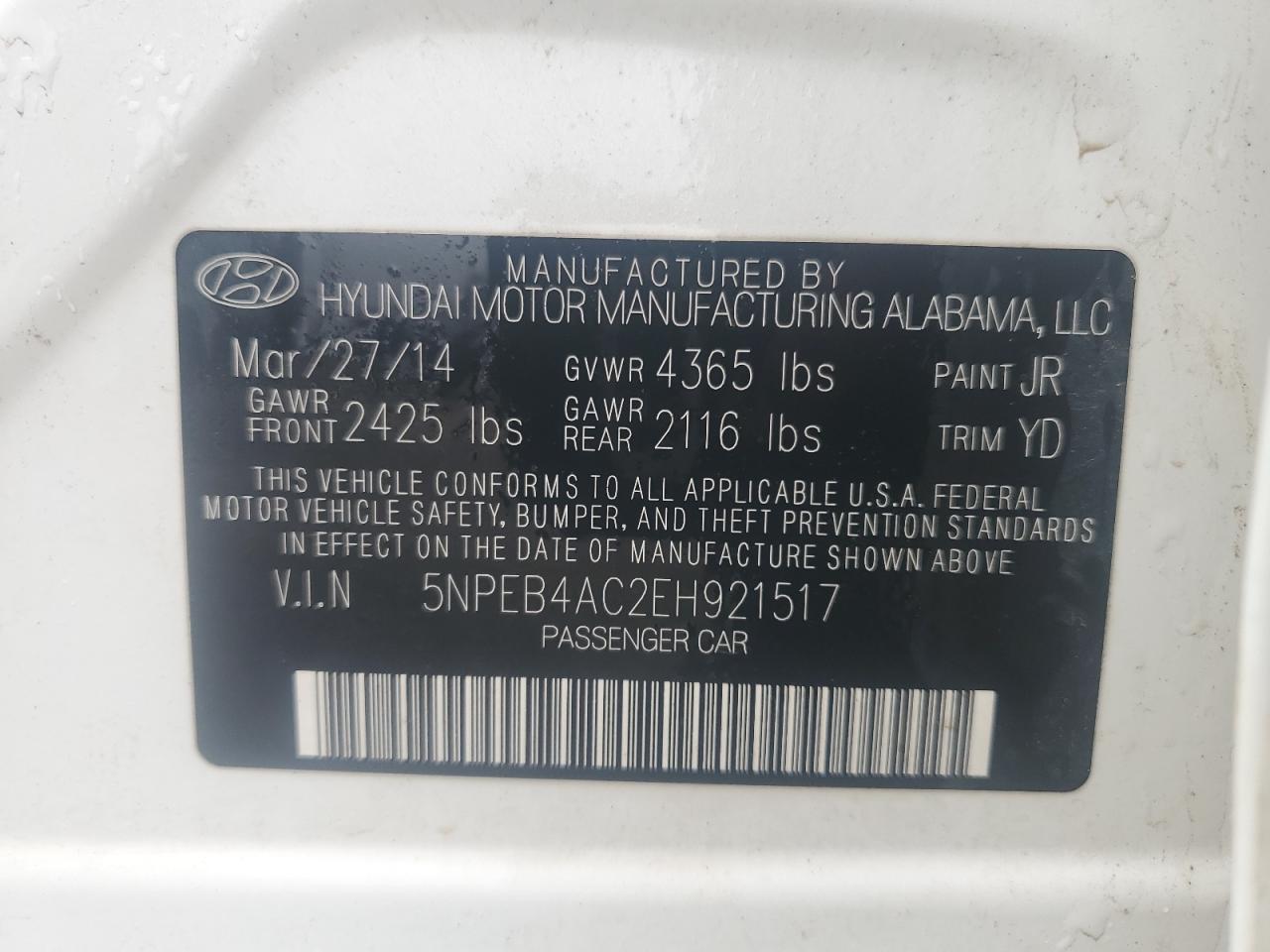 5NPEB4AC2EH921517 2014 Hyundai Sonata Gls