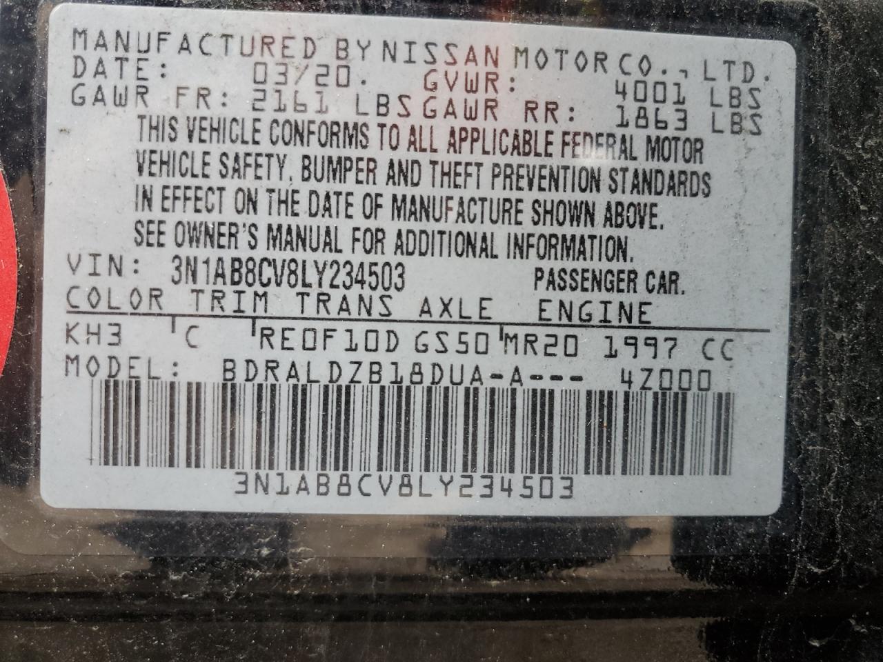 3N1AB8CV8LY234503 2020 Nissan Sentra Sv