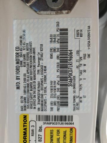 2020 FORD FUSION SEL - 3FA6P0CD7LR196064