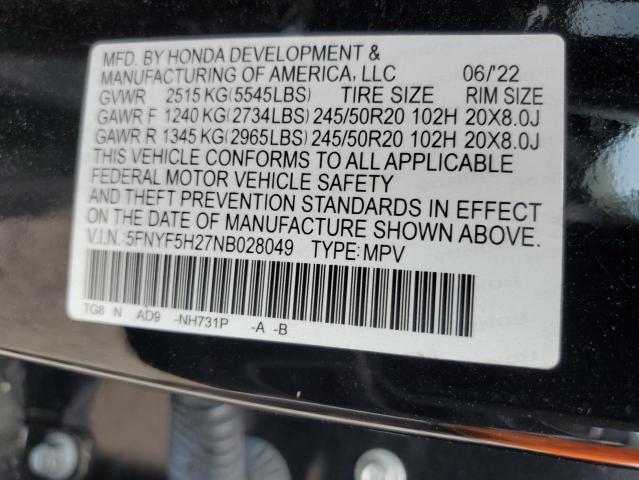 2022 HONDA PILOT SE 5FNYF5H27NB028049