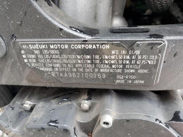 2006 SUZUKI GSX-R750 K JS1GR7KA962100169