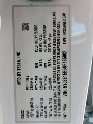 2022 TESLA MODEL 3 - 5YJ3E1EB6NF185002
