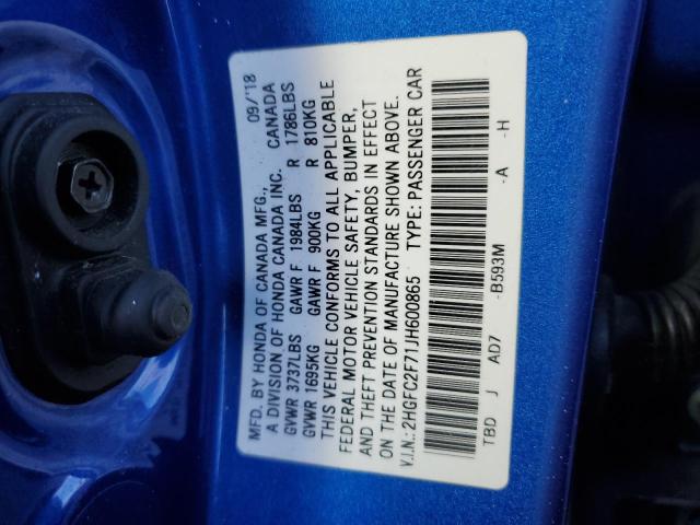 2018 HONDA CIVIC SE 2HGFC2F71JH600865