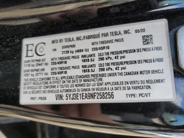 2022 TESLA MODEL 3 - 5YJ3E1EA9NF258256