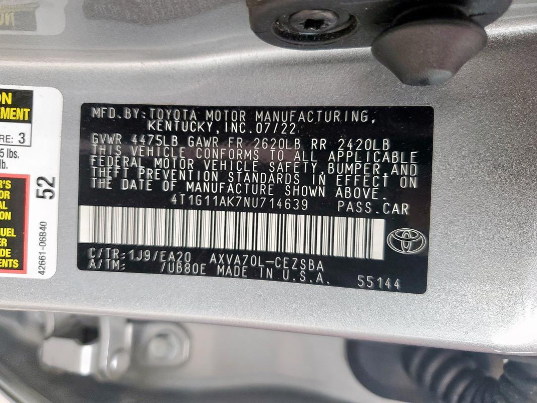 2022 TOYOTA CAMRY SE 4T1G11AK7NU714639