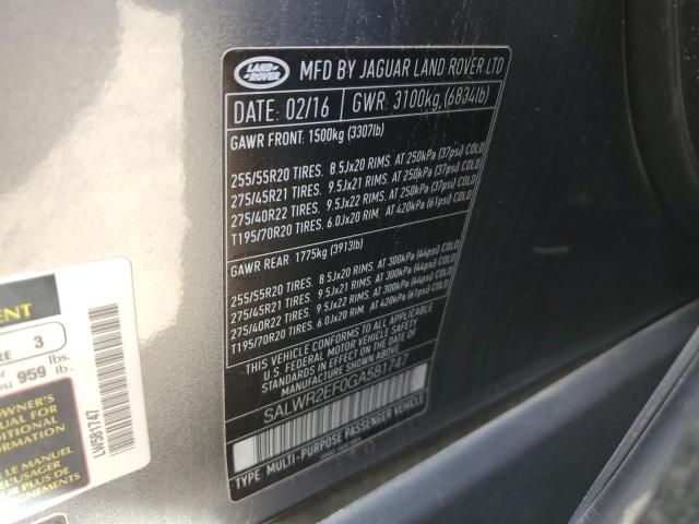 2016 LAND ROVER RANGE ROVE - SALWR2EF0GA581747