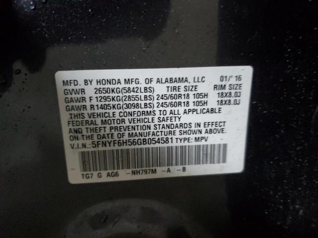2016 HONDA PILOT EXL 5FNYF6H56GB054581
