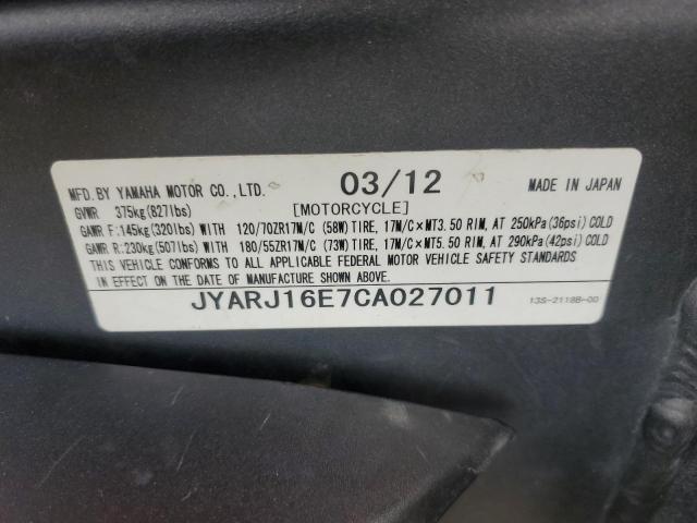 2012 YAMAHA YZFR6 JYARJ16E7CA027011